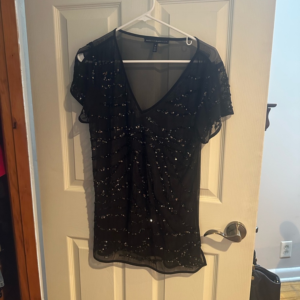 White House Black Market Black Sequin V-Neck Evening Top